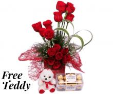 Red Roses with Ferrero Chocolates and a  Free Teddy