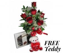 6 Red Roses with Chocolates and FREE Teddy Bear