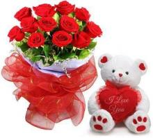 12 Red Roses and Small Teddy Bear
