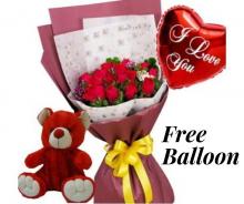 Roses with Teddy and a Free Balloon