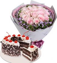 24 Pink roses with Black Forest Cake