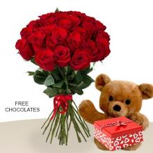 24 Red roses and Teddy with FREE Chocolates