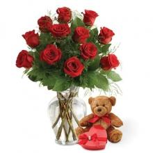 12 Red Roses,  Teddy Bear and a Box of Chocolates