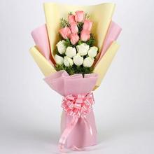 6 Peach And 6 white Roses Bouquet